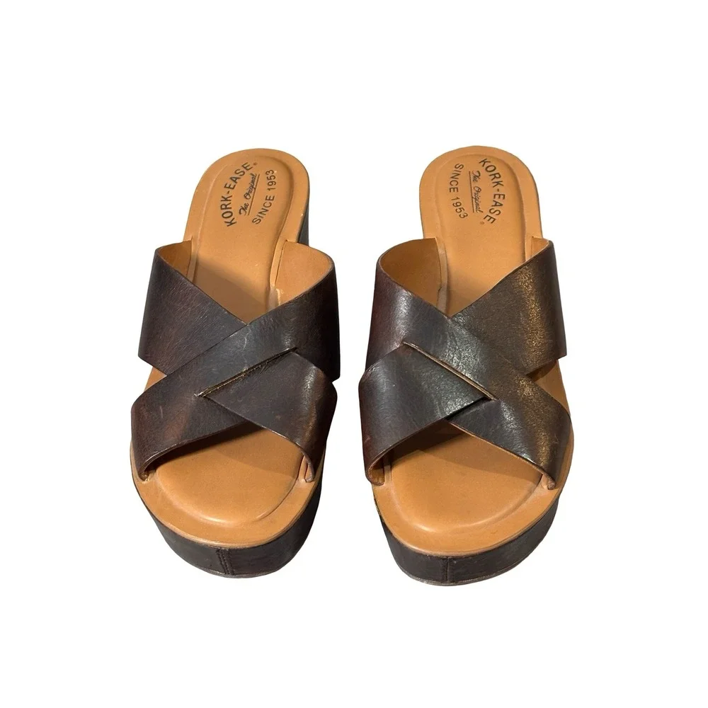 Kork-Ease Womens Size 10 Brown Leather Platform Wedge Slide Sandals K16223